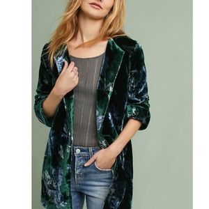 Anthropologie Emerald & Navy Velvet Floral Long Blazer Trench